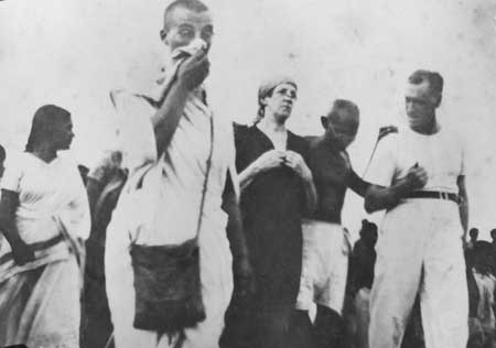 Gandhiji with Meera Behn at Agatha Harrison on the way to Satyabhamapur, Cuttack during his Harijan tour in Orissa, 1934.jpg